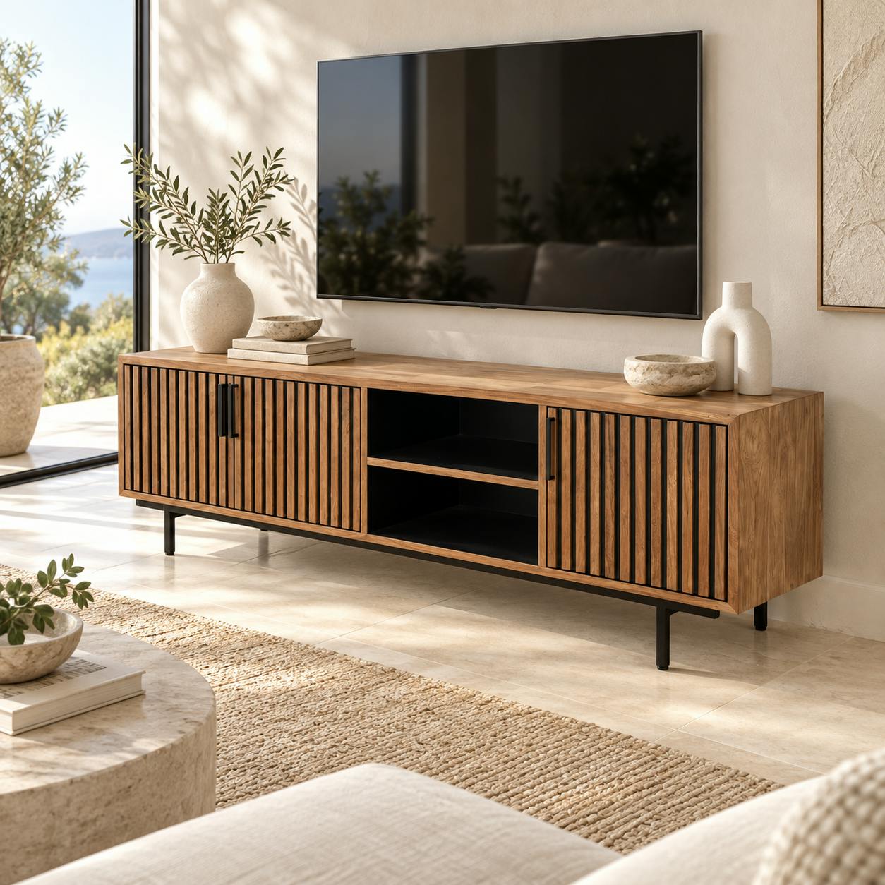 Meuble TV 3 portes 2 niches teck recyclé FANO
