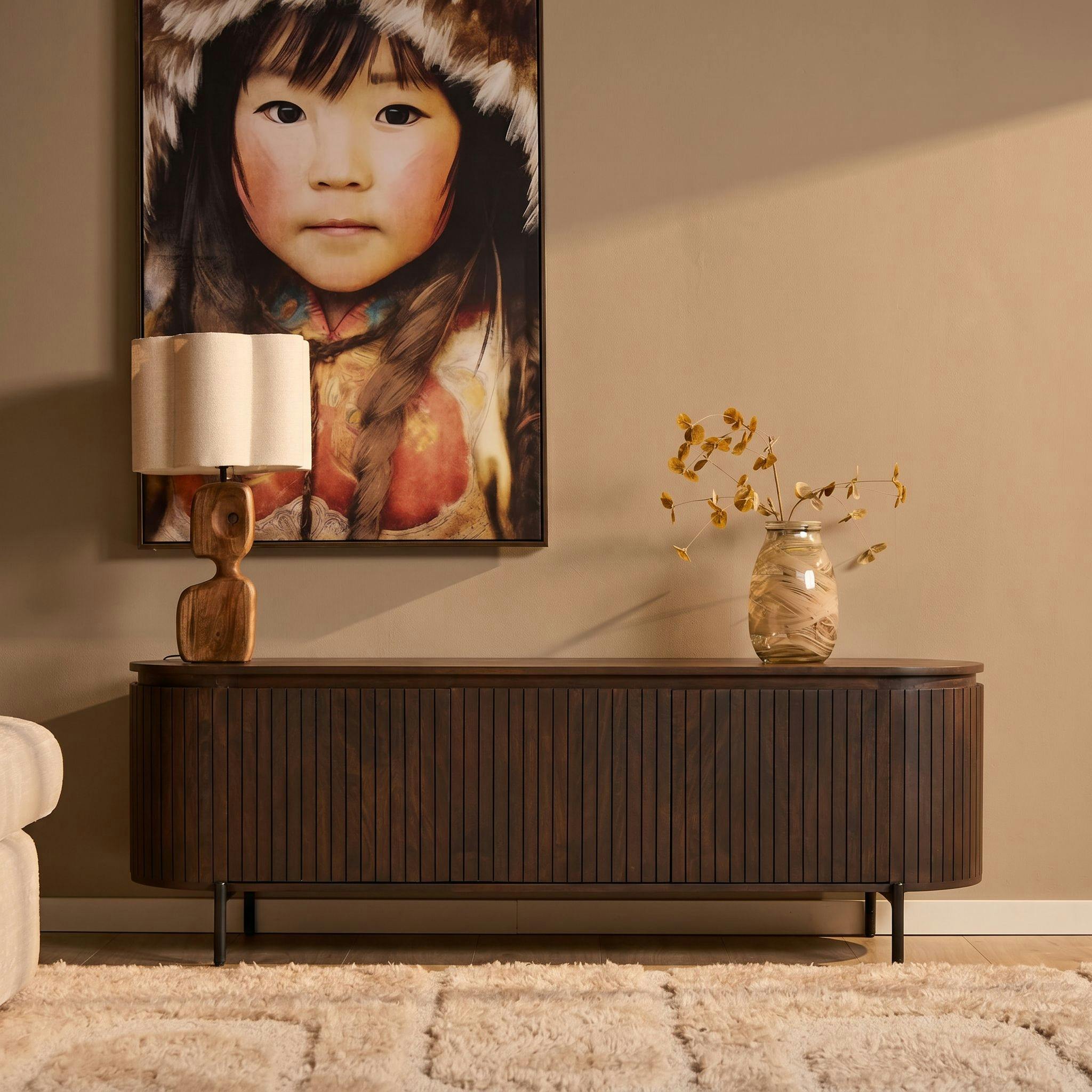 Meuble TV 3 portes bois marron rainuré 165 cm CALERO