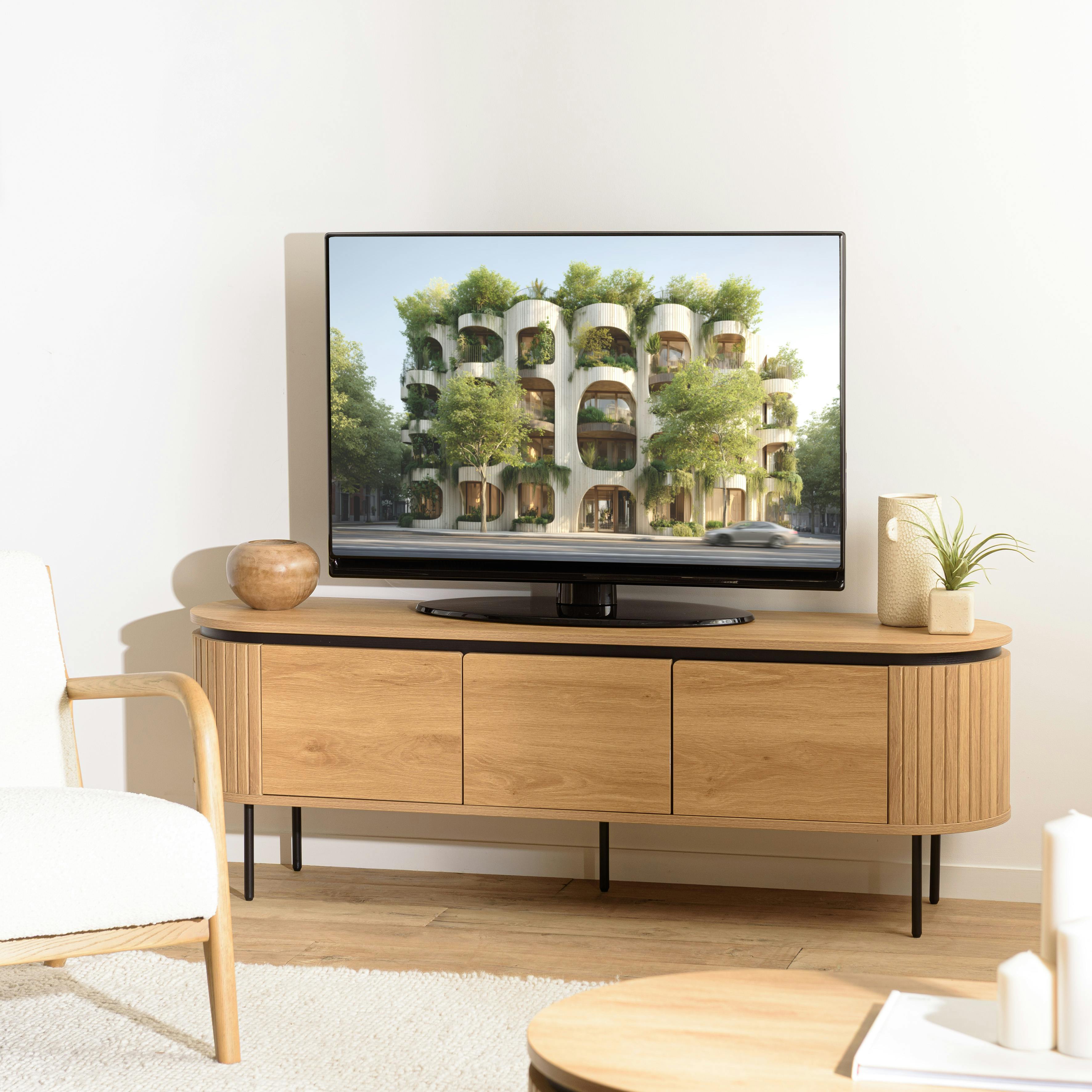 Meuble TV 3 portes bords arrondis bois décor strié JINAN