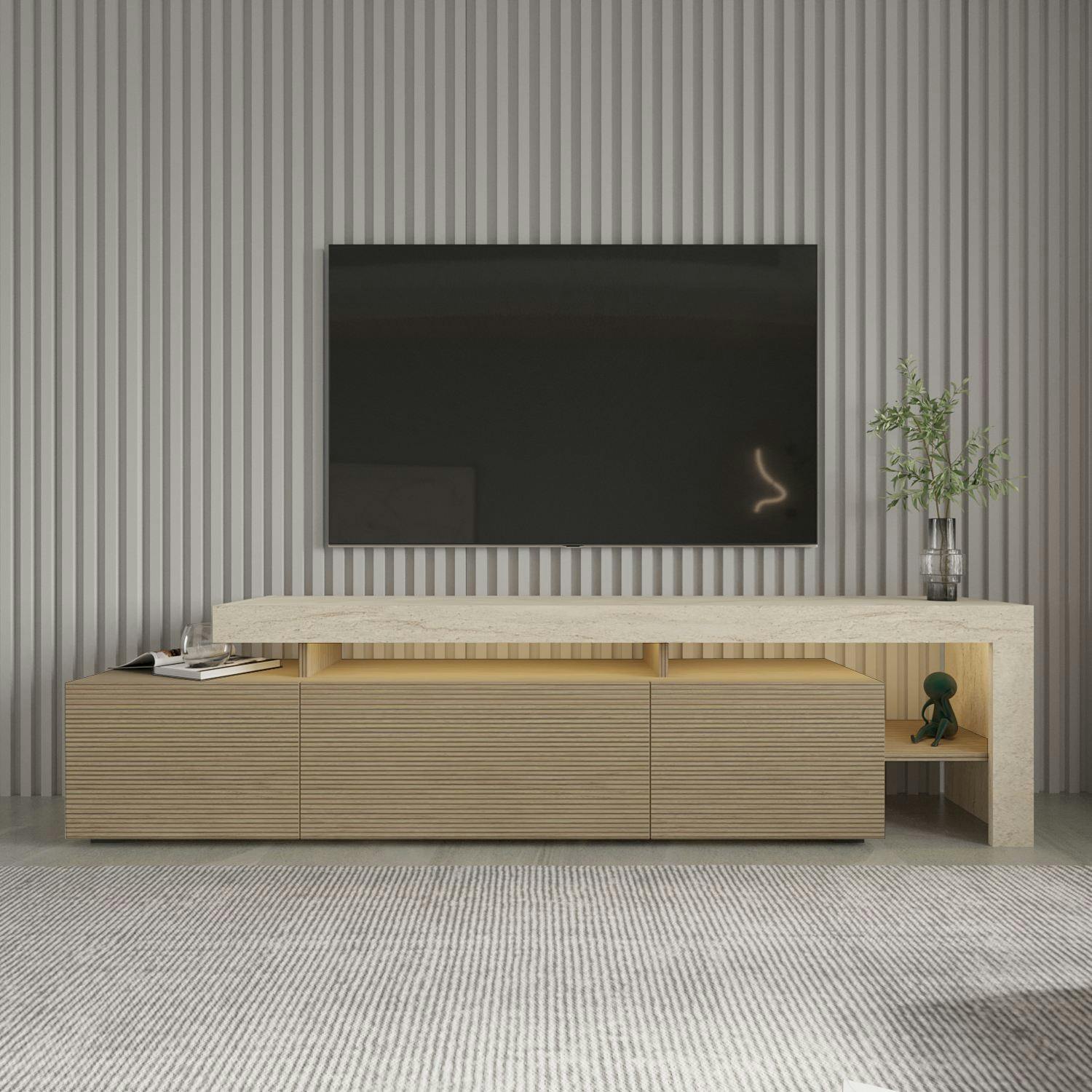Meuble TV 3 portes décor bois travertin cadre ouvert AURA