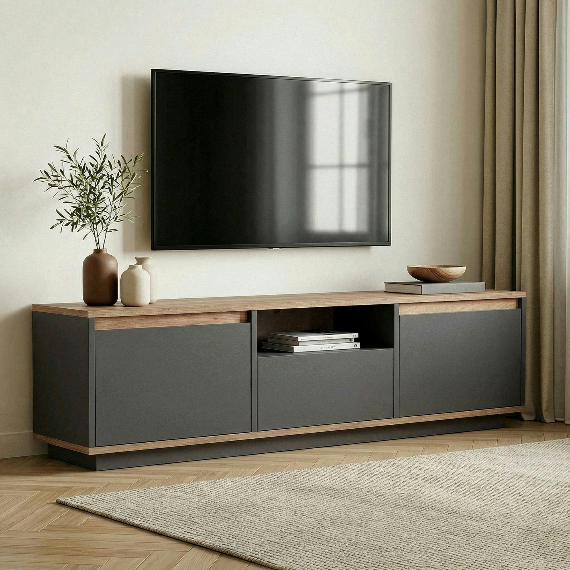 Meuble TV 3 portes décor pin et anthracite MARFA