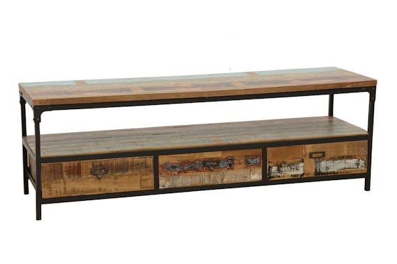 Meuble TV 3 tiroirs, 1 grande niche ouverte en Hévéa recyclé coloré et métal 150x45x50cm LOFT COLORS