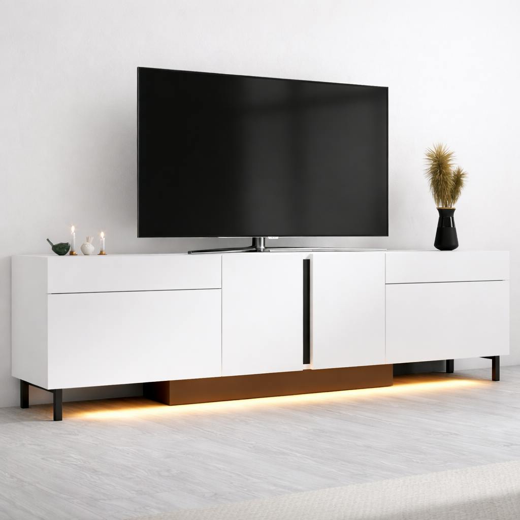 Meuble TV 4 portes blanc LED à télécommande AURA