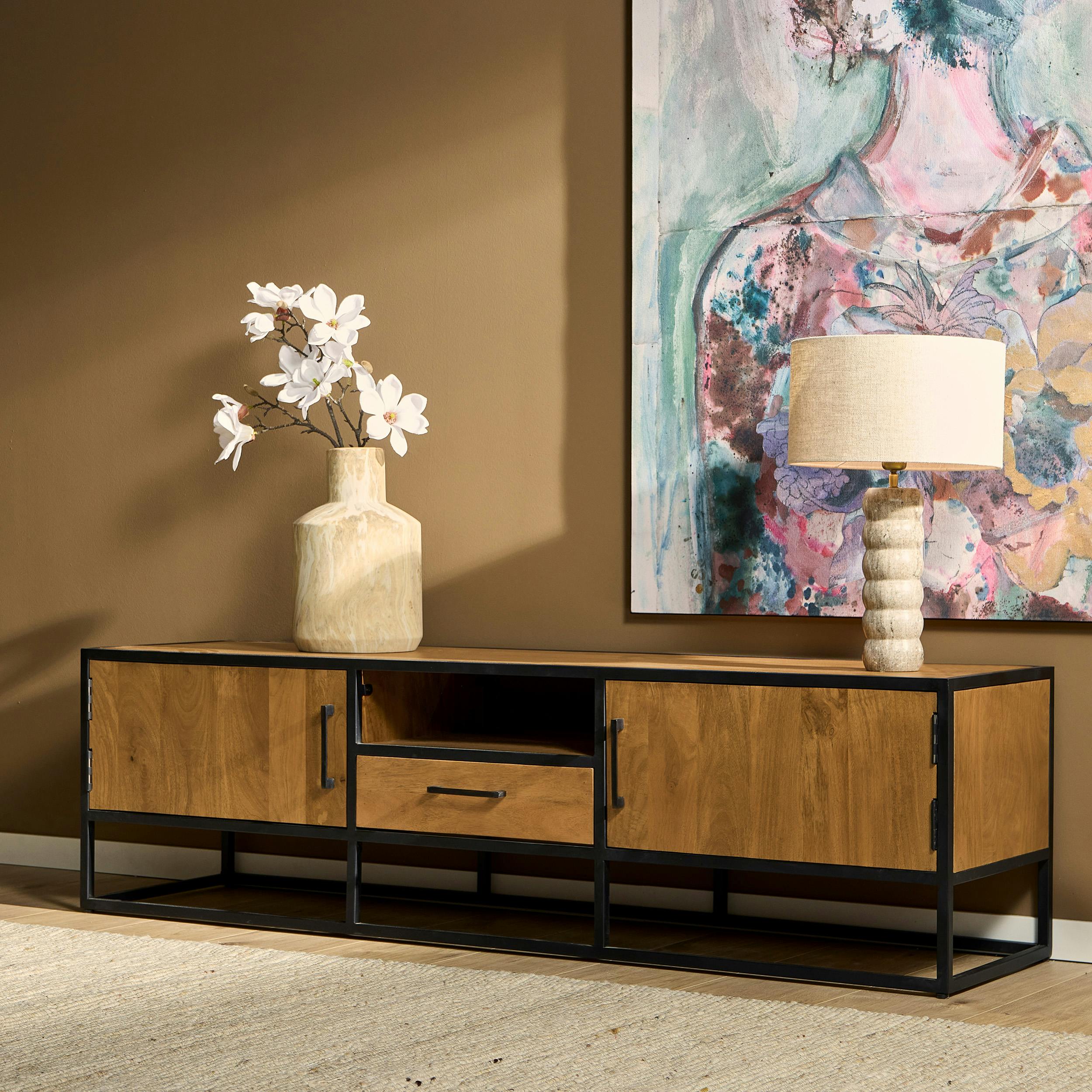 Meuble TV 4 portes bois clair métal 180 cm RIVANO