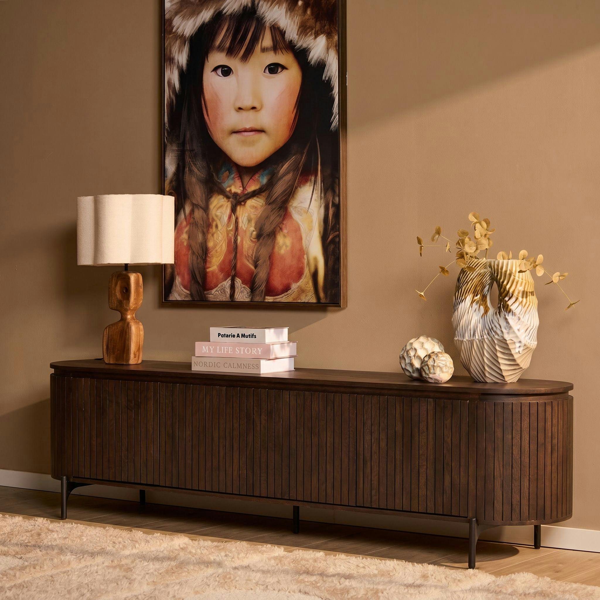 Meuble TV 4 portes bois marron rainuré 210 cm CALERO