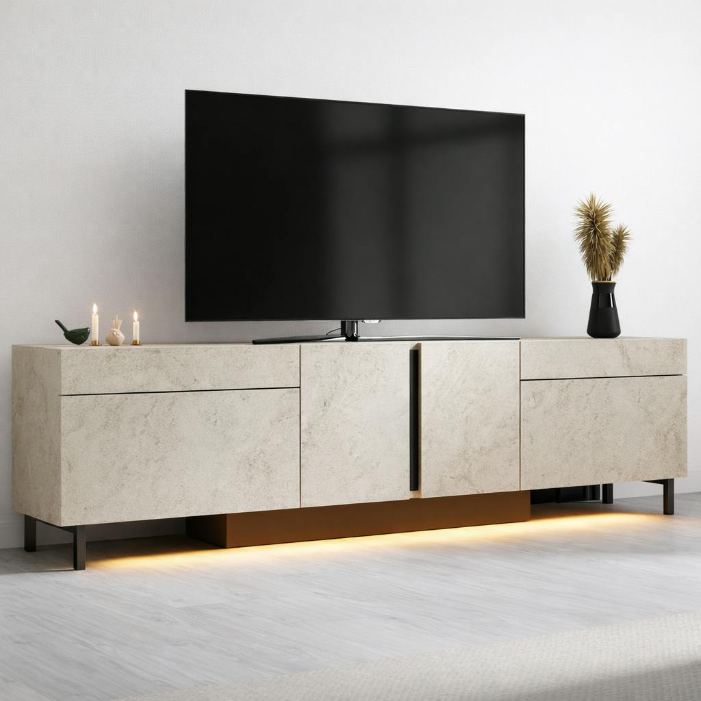 Meuble TV 4 portes décor travertin LED à télécommande AURA