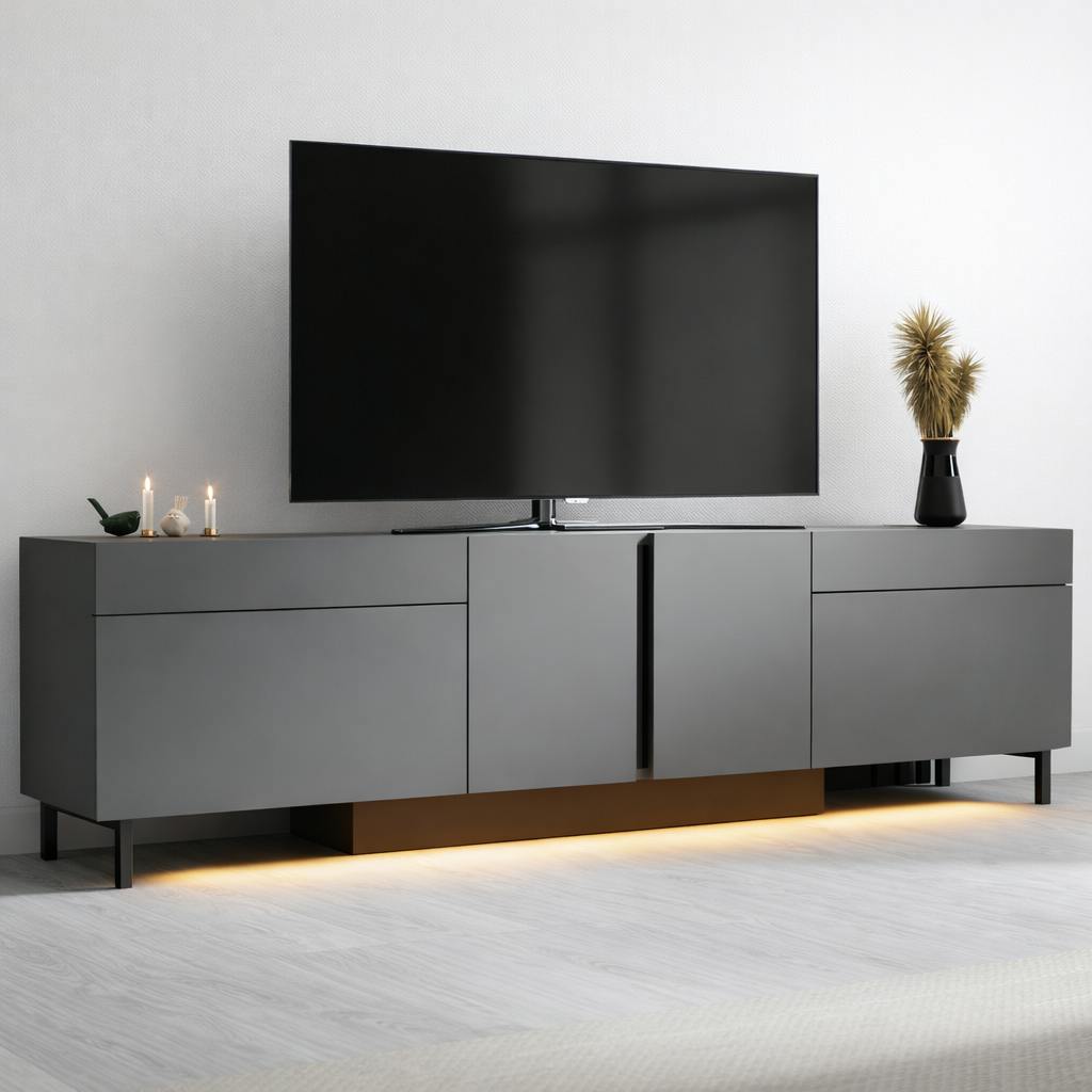 Meuble TV 4 portes gris foncé LED à télécommande AURA