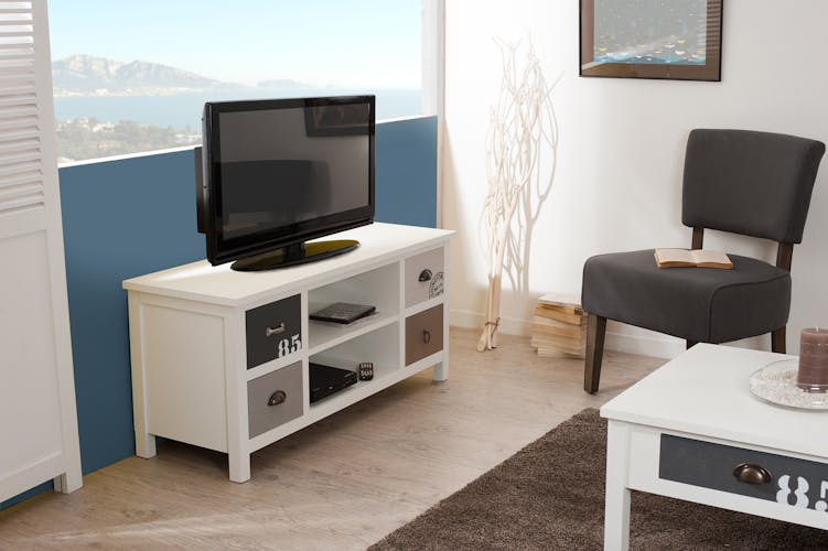 Meuble TV en bois blanc et gris style bord de mer