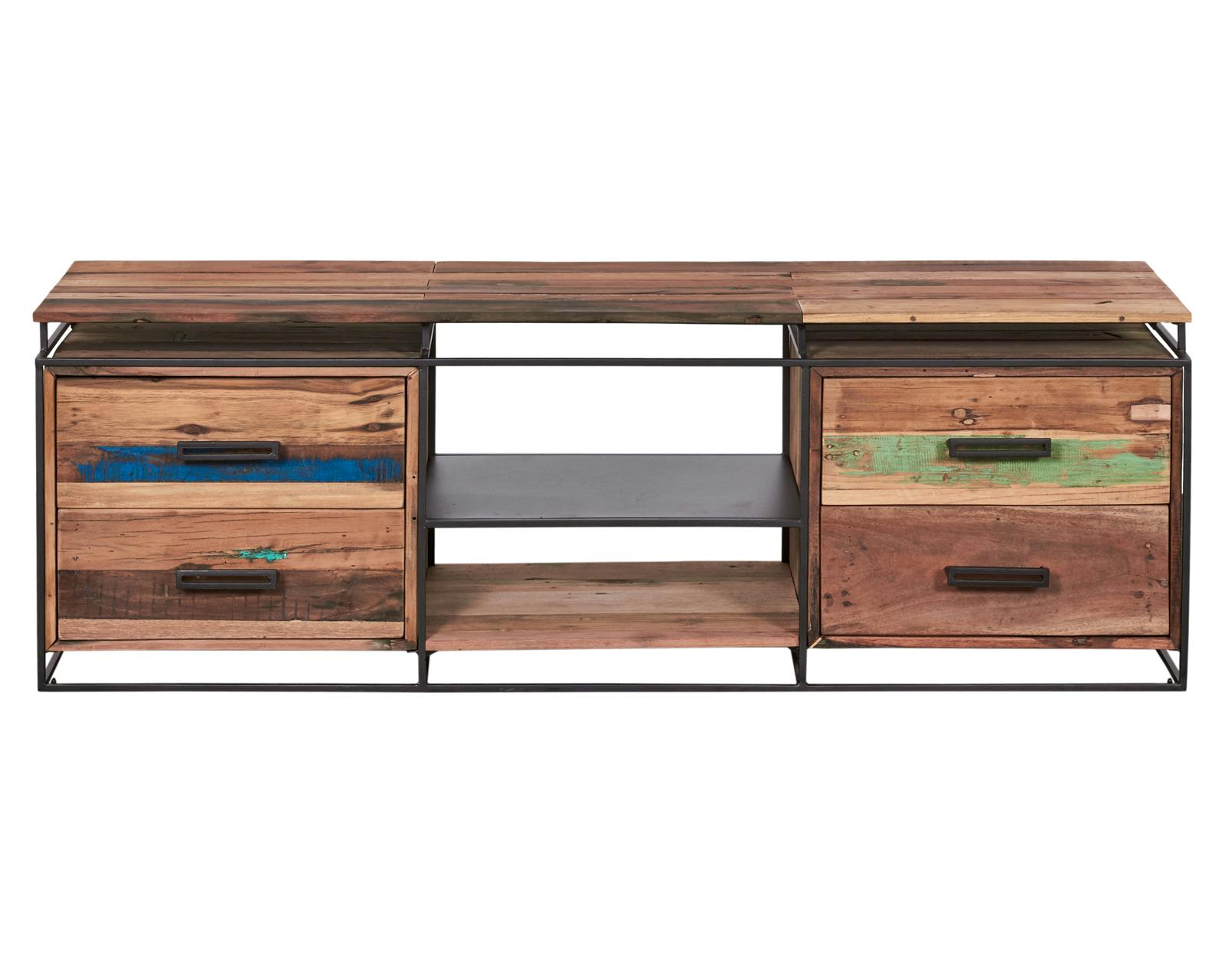 Meuble TV en bois recycle et metal de style industriel