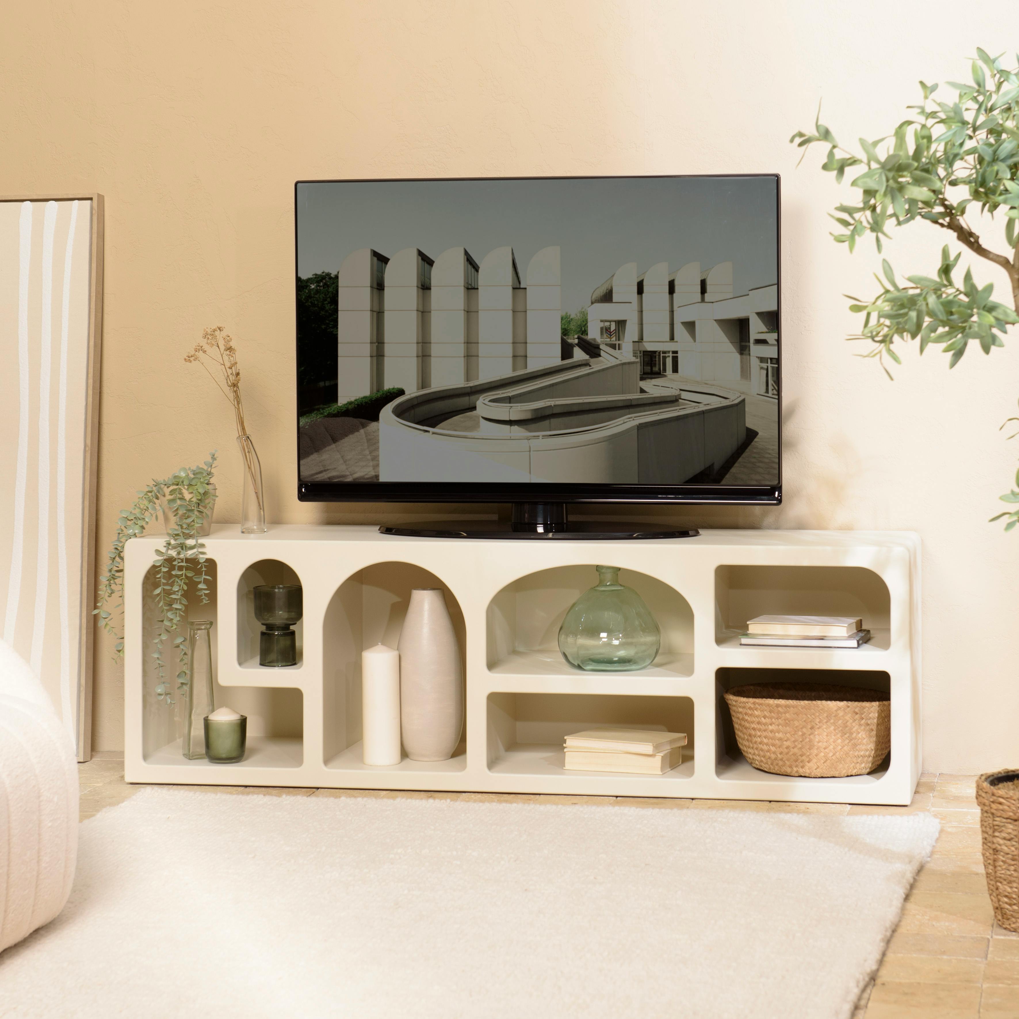 Meuble TV 7 niches 160x40cm en bois peint couleur beige NELIA
