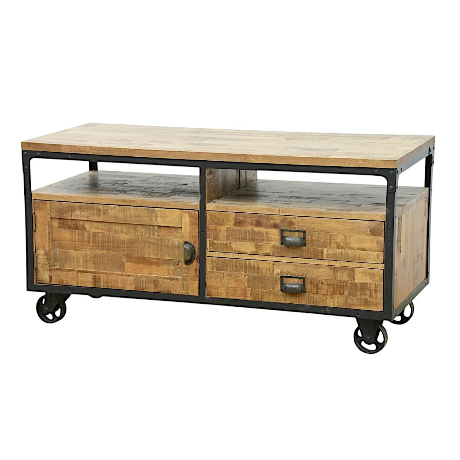 Meuble TV à roulettes 1 porte, 2 tiroirs, 2 niches en Hévéa recyclé naturel et métal 120x50x60cm LOFT