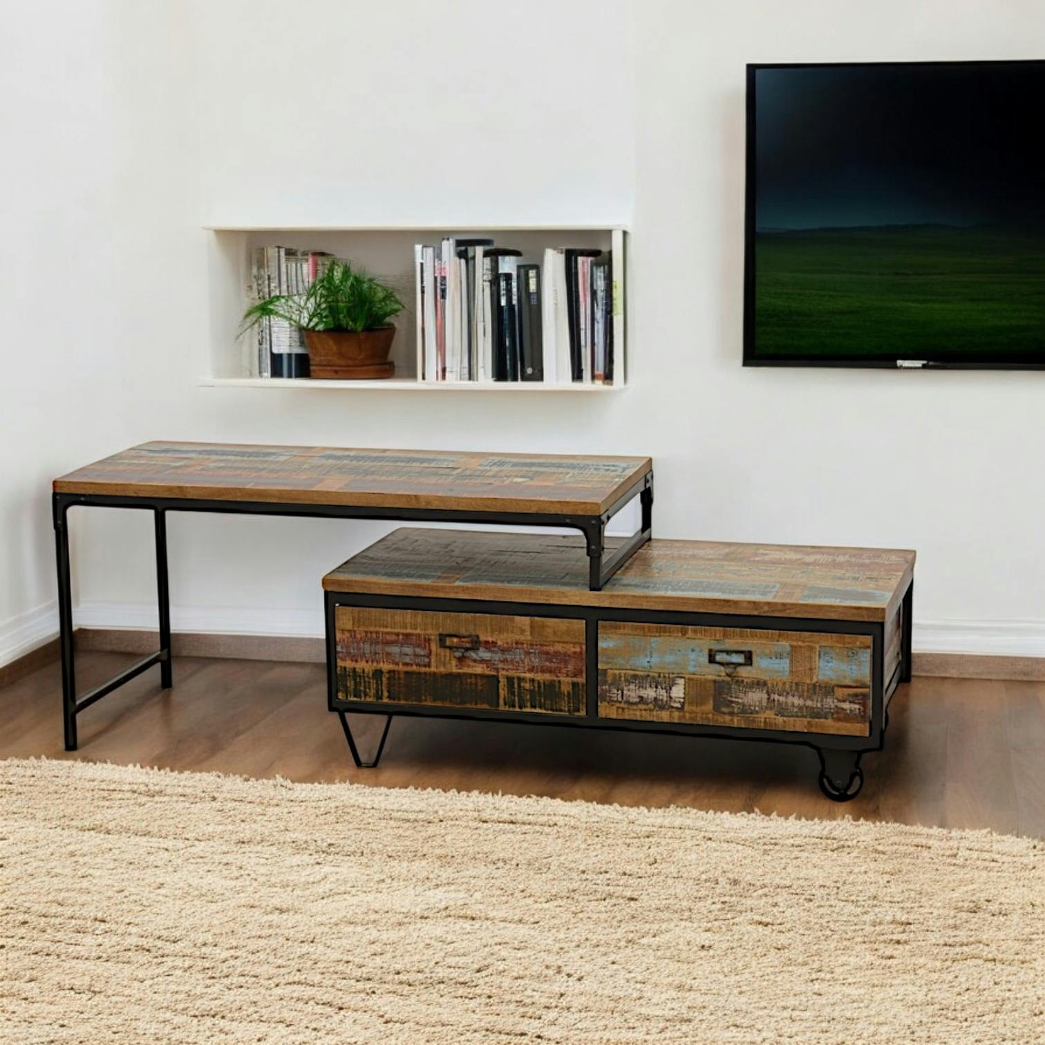 Meuble TV à roulettes en 2 parties, 2 tiroirs, 1 grand plateau en Hévéa recyclé coloré et métal 100x45x50cm LOFT COLORS
