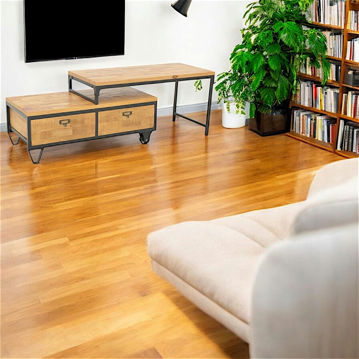 Meuble TV à roulettes en 2 parties, 2 tiroirs, 1 grand plateau en Hévéa recyclé naturel et métal 100x45x50cm LOFT