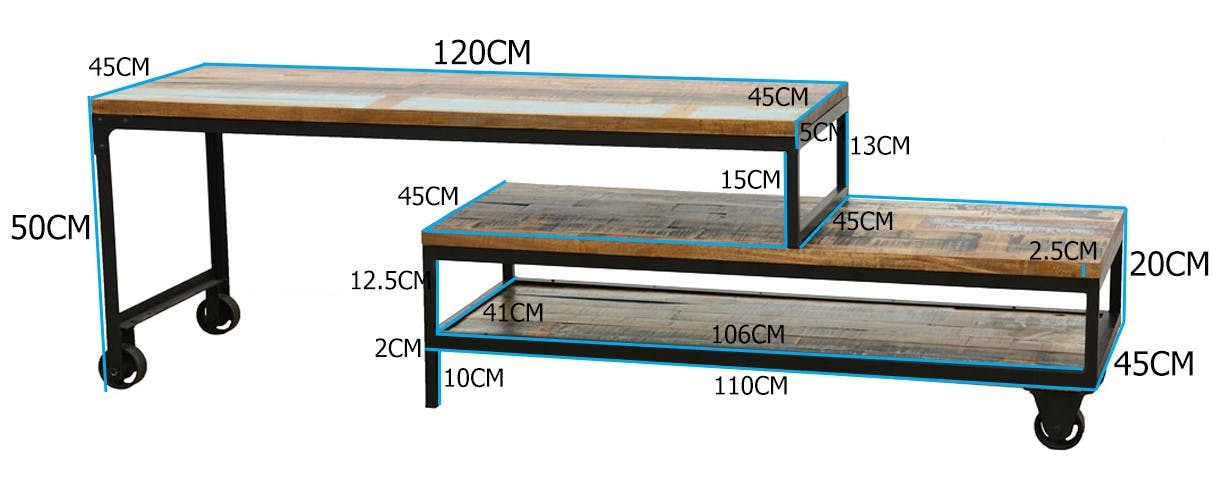 Meuble TV à roulettes en 2 parties, 3 grands plateaux en Hévéa recyclé naturel et métal 120x45x50cm LOFT