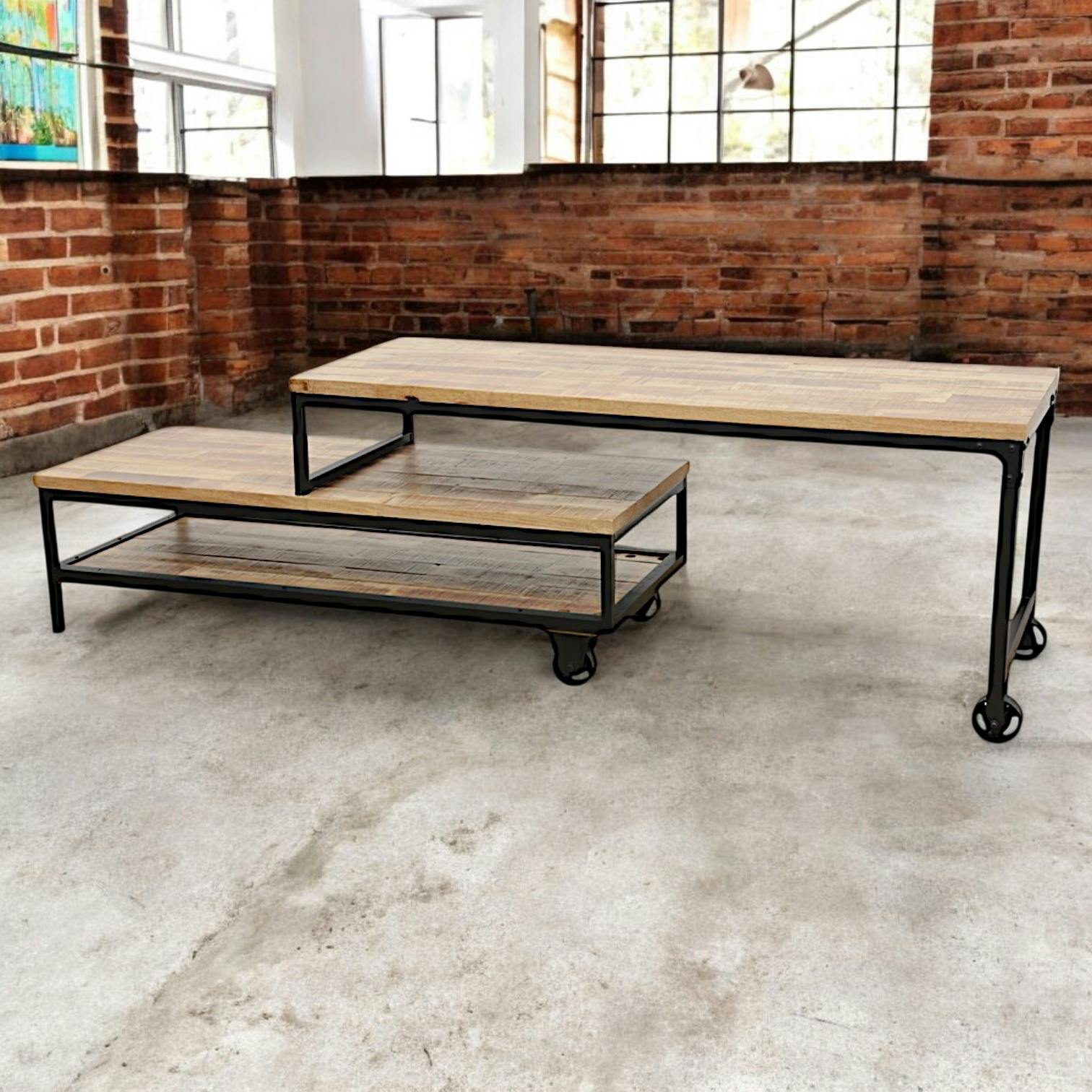 Meuble TV à roulettes en 2 parties, 3 grands plateaux en Hévéa recyclé naturel et métal 120x45x50cm LOFT