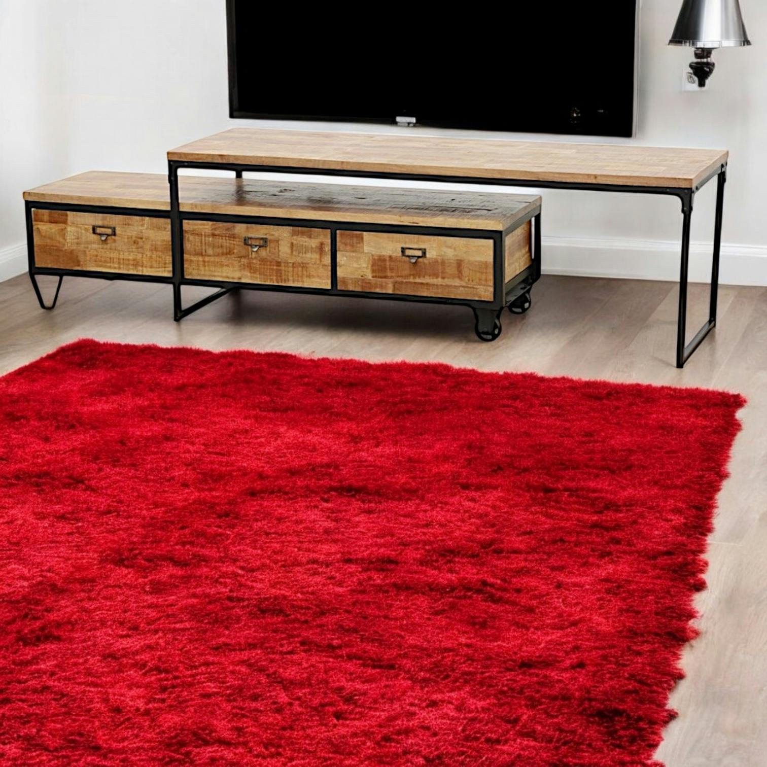 Meuble TV à roulettes en 2 parties, 3 tiroirs, 1 grand plateau en Hévéa recyclé naturel et métal 150x45x50cm LOFT