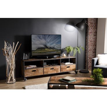  Meuble TV en bois recycle et metal avec roulettes de style contemporain