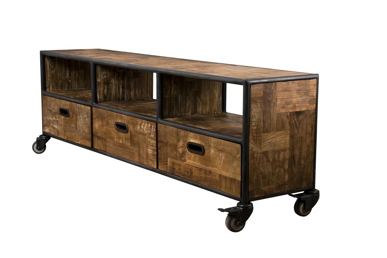 Meuble Bahut Télé TV Industriel à Roulettes Bois Fer 120 cm