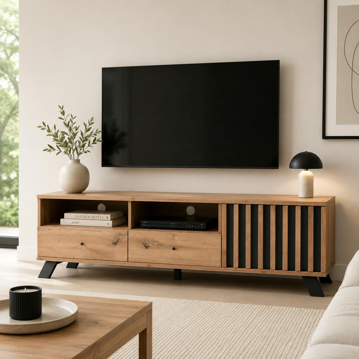 Meuble TV avec rangement 1 porte noire rainurée ALVA