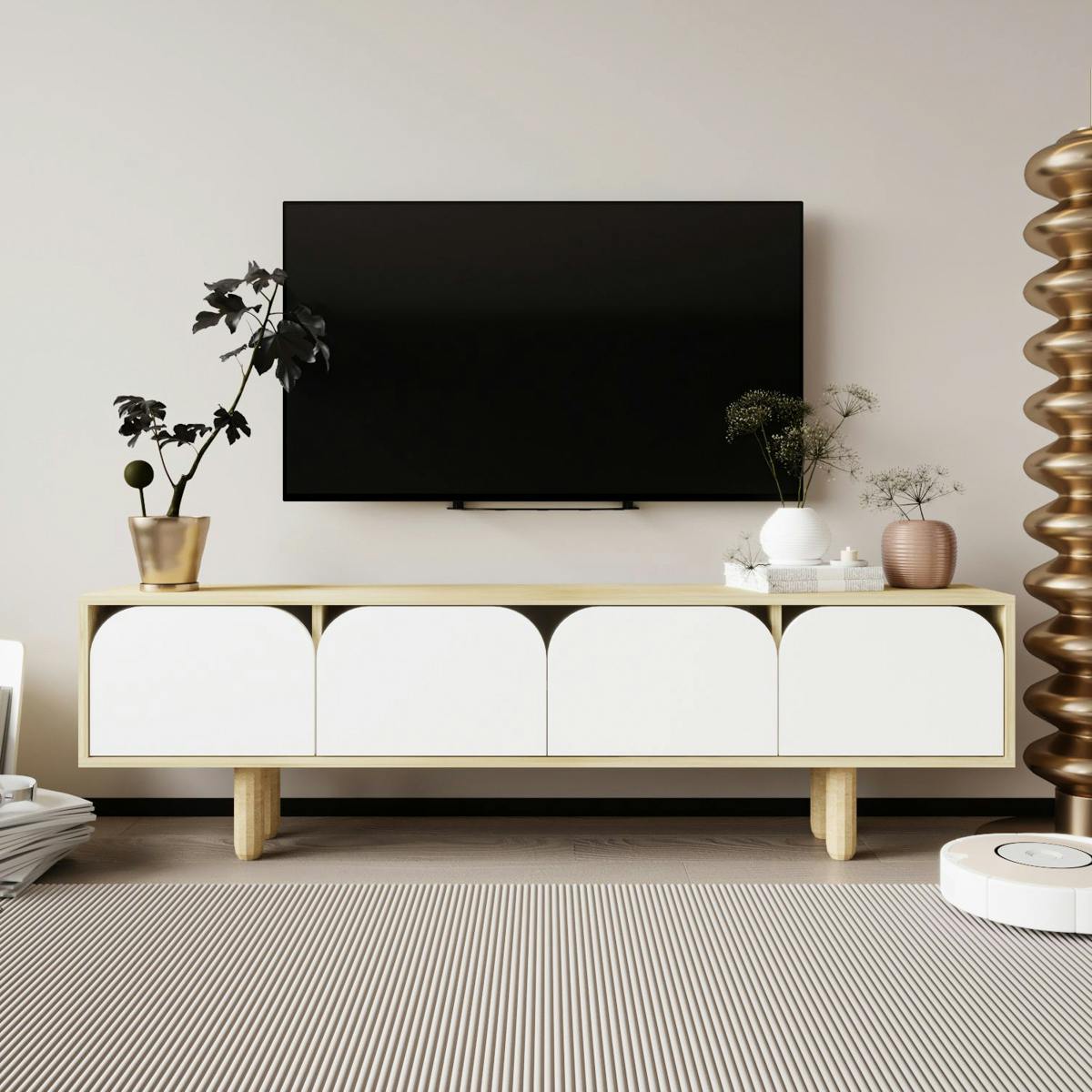 Meuble TV avec rangement, 4 portes courbes blanches VAREN