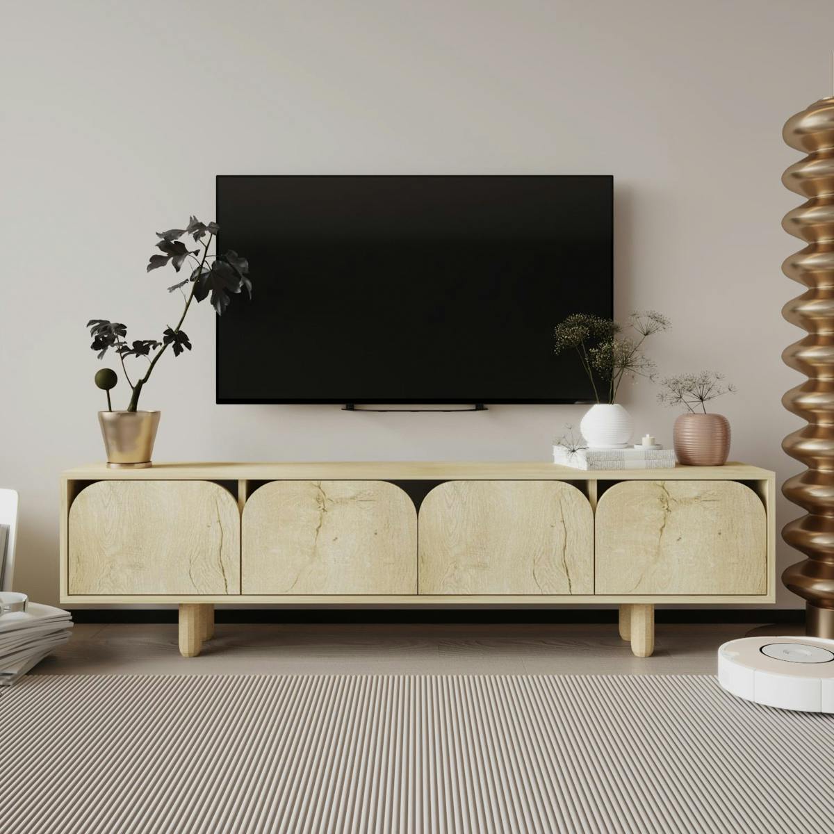 Meuble TV avec rangement, 4 portes courbes effet bois VAREN