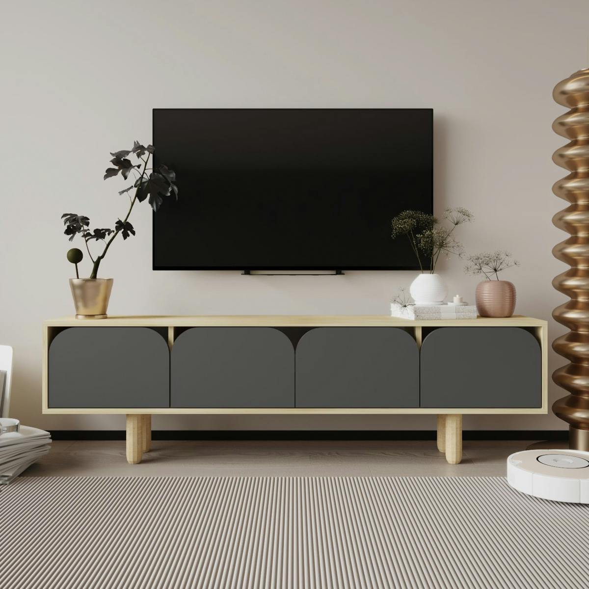 Meuble TV avec rangement, 4 portes courbes grises VAREN