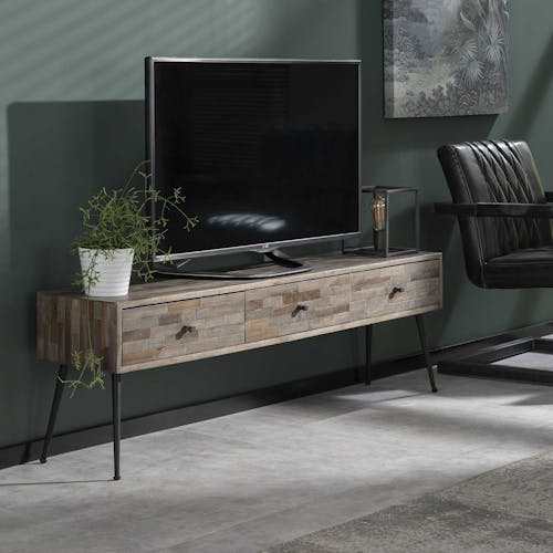 Meuble TV en bois recycle et metal de style contemporain
