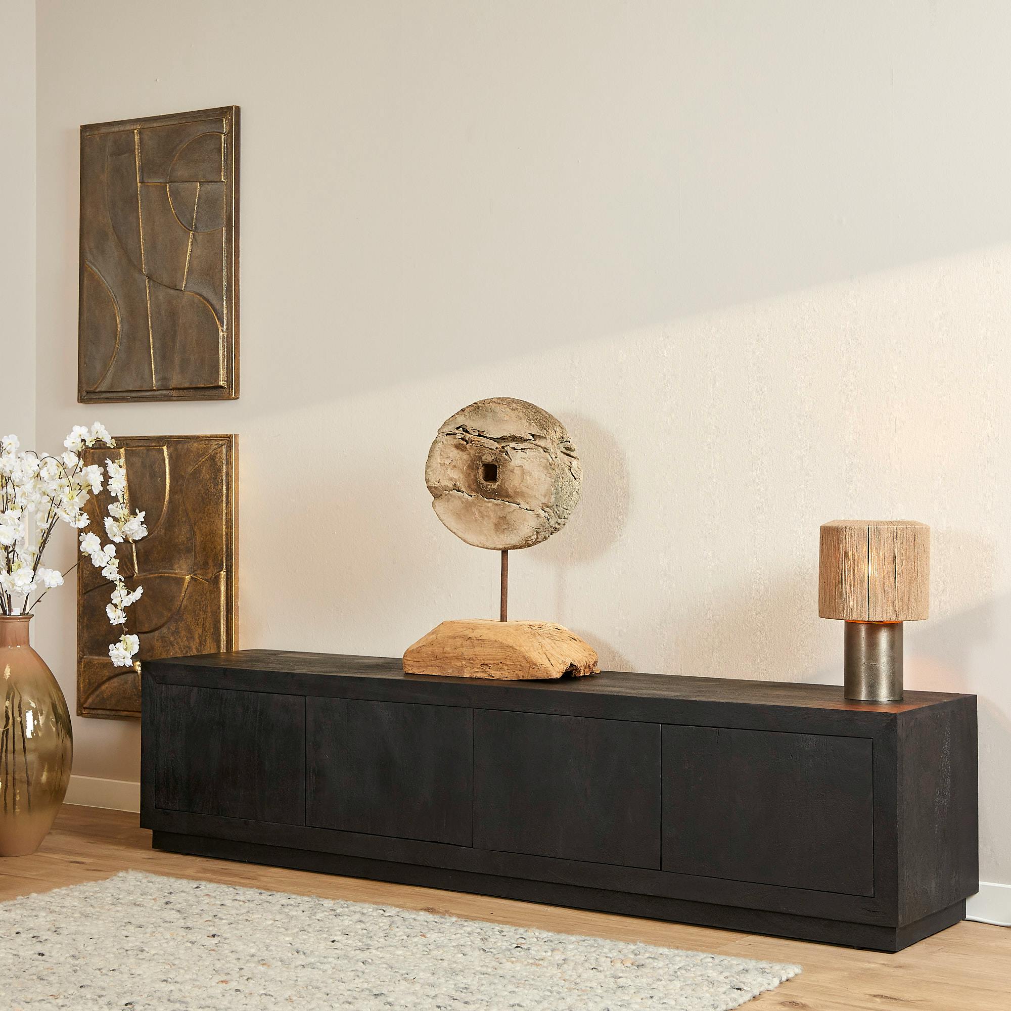 Meuble TV avec rangement bois noir 200 cm MONTARO