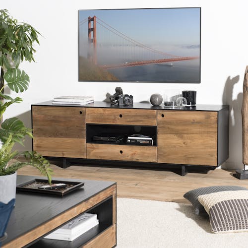Meuble tv avec rangement bois recyclé pin CRACOVIE