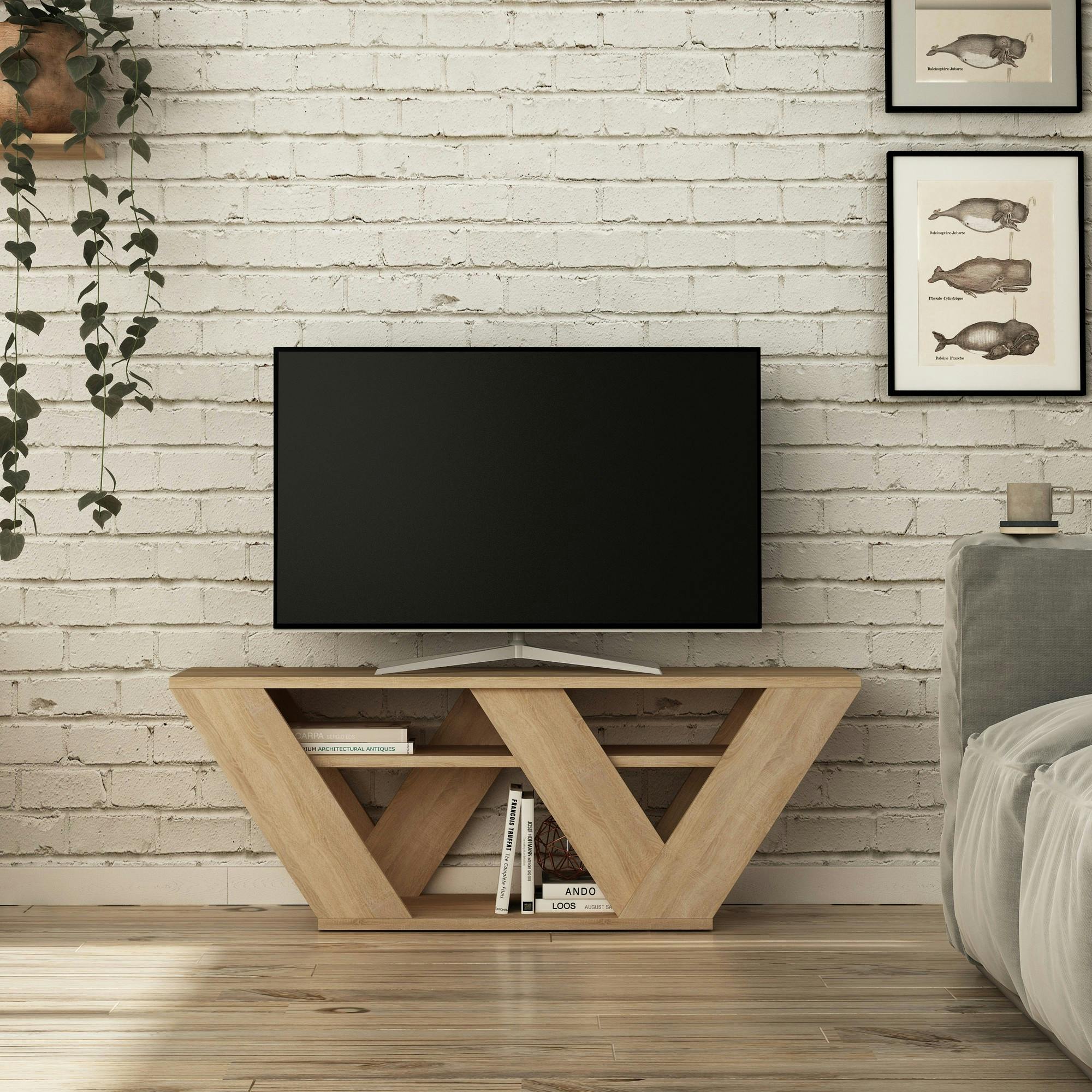 Meuble TV avec rangement effet bois clair - pied en W MARFA