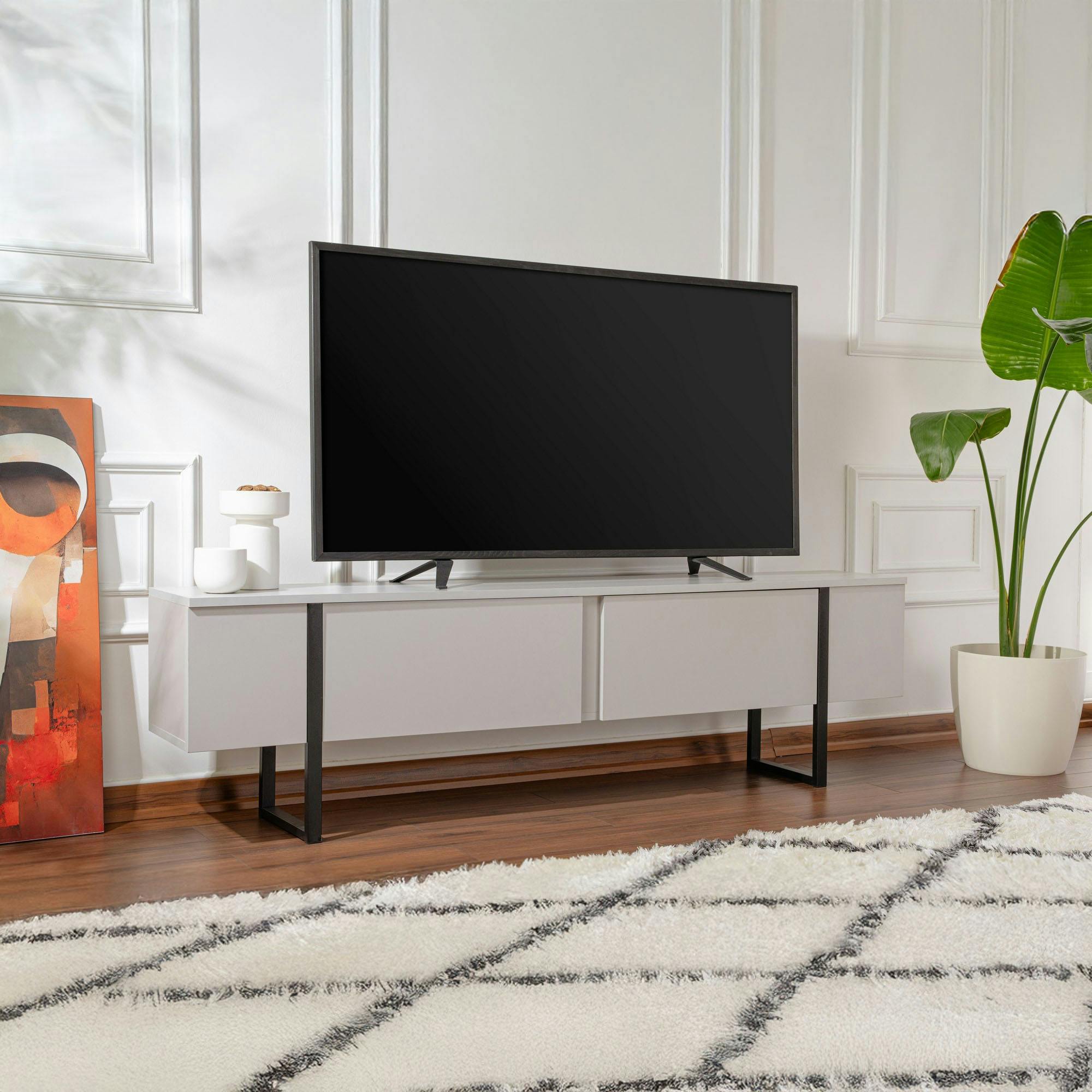 Meuble TV avec rangement - effet gris laqué, pieds noirs JENA