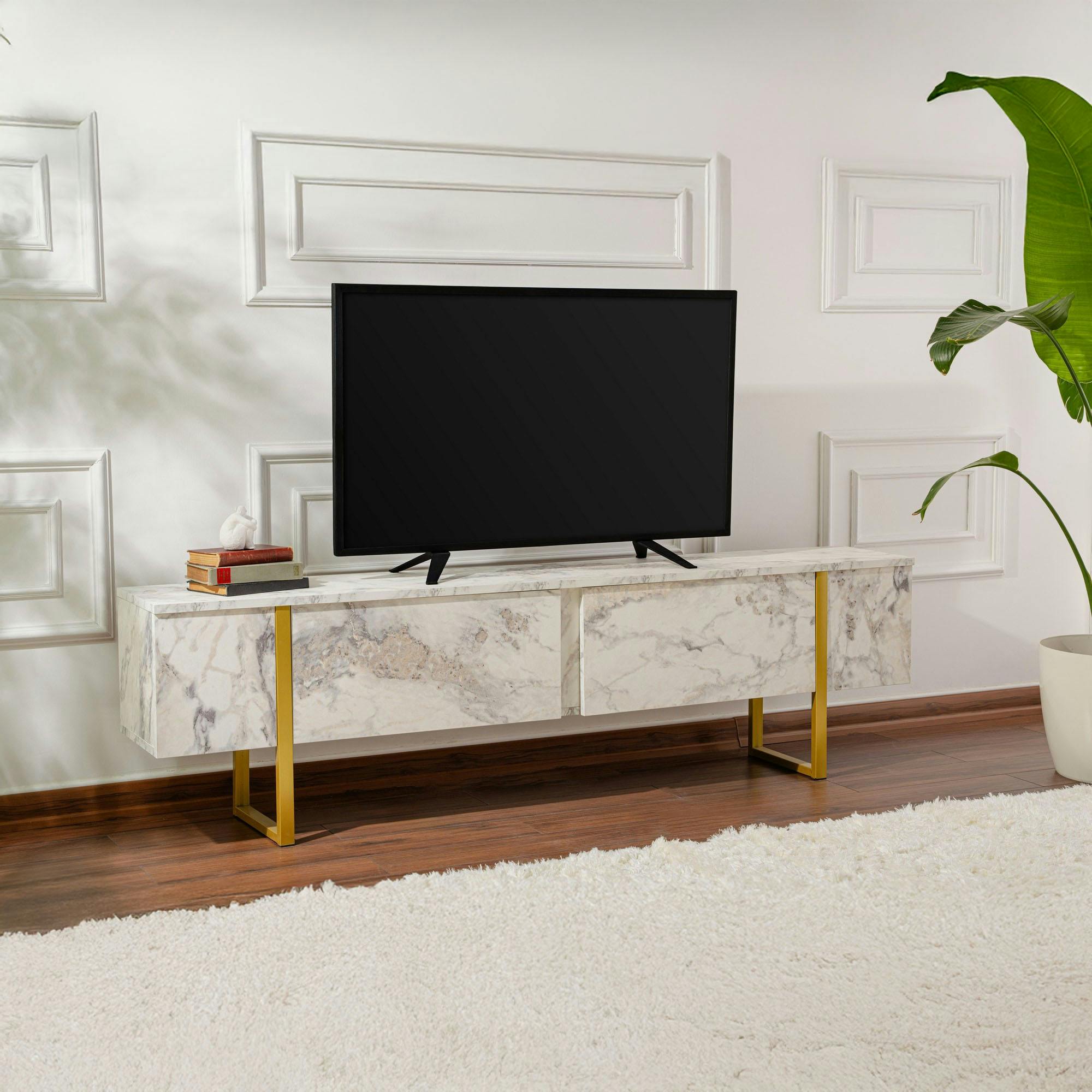 Meuble TV avec rangement - effet marbre, pieds dorés JENA