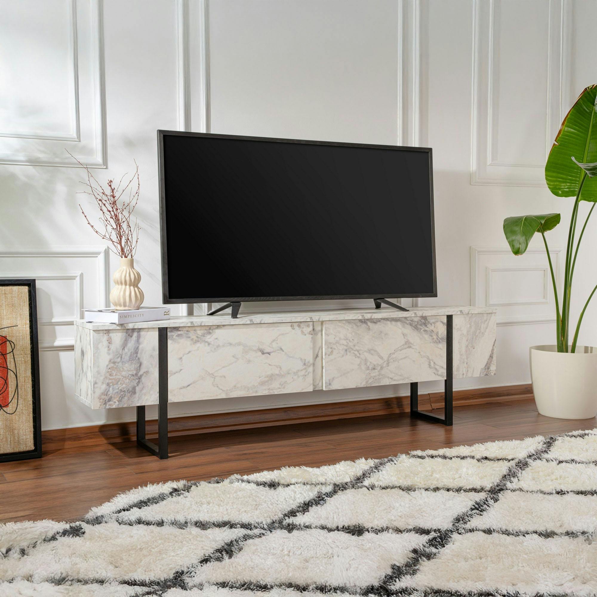 Meuble TV avec rangement - effet marbre, pieds noirs JENA