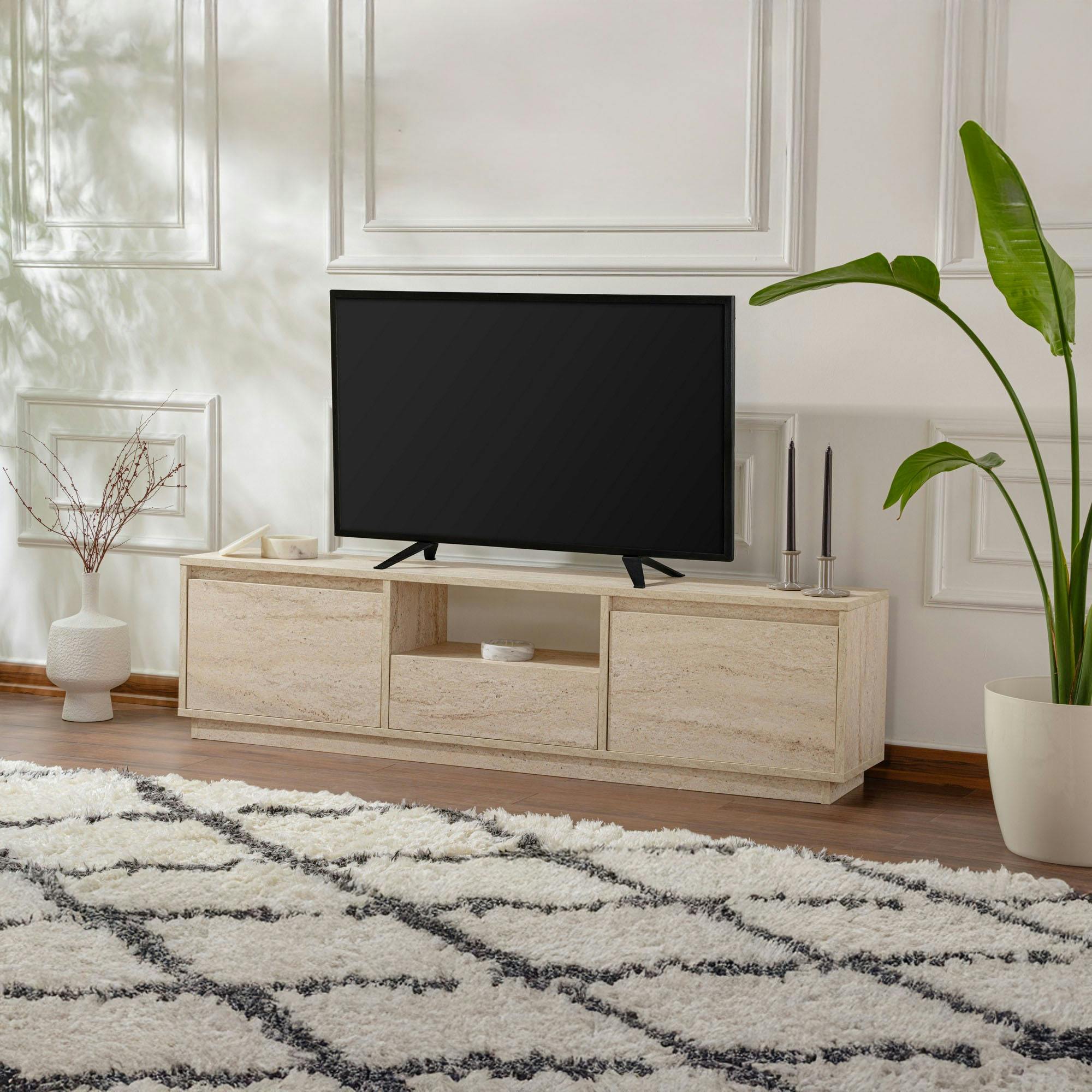 Meuble TV avec rangement - effet travertin MARFA