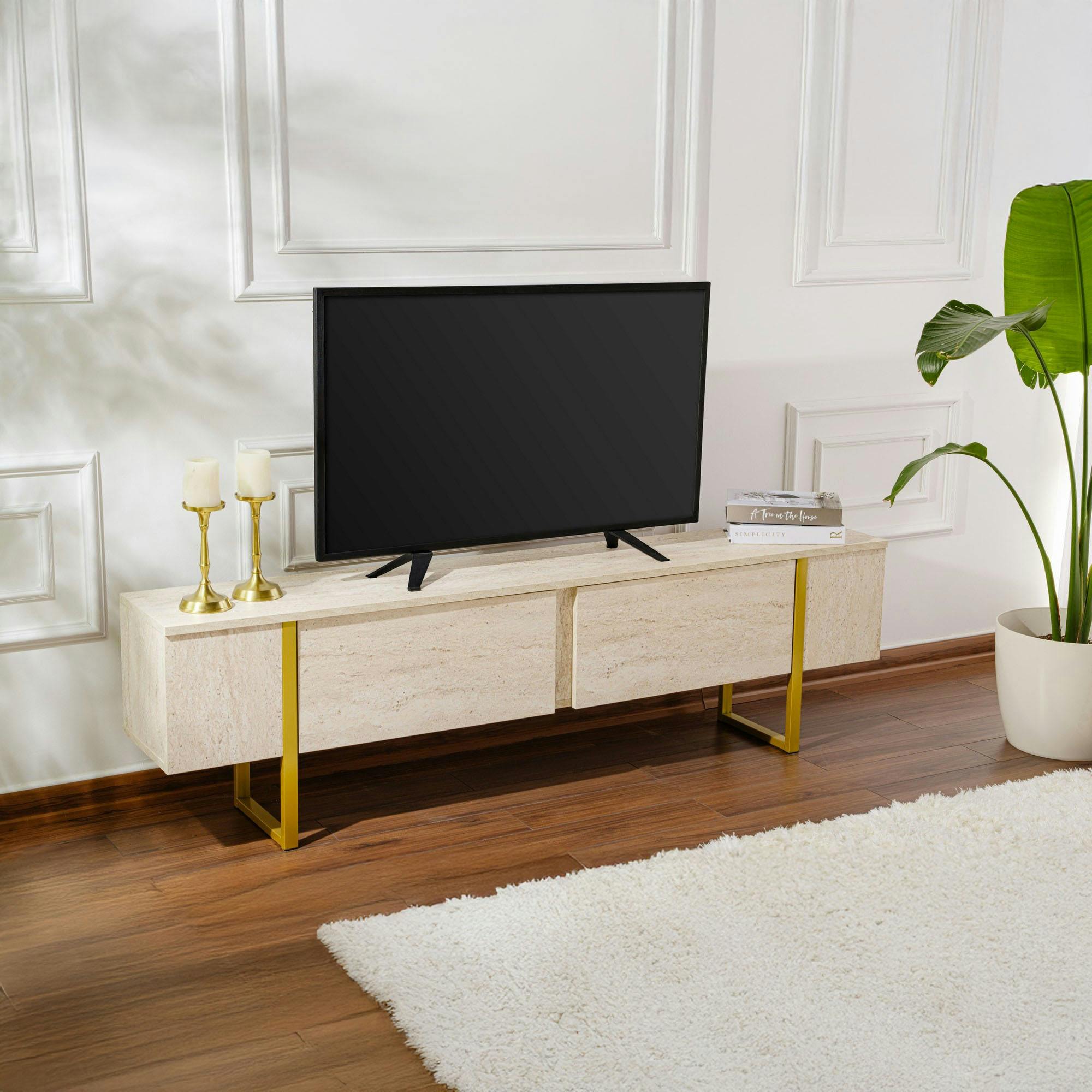 Meuble TV avec rangement - effet travertin, pieds dorés JENA