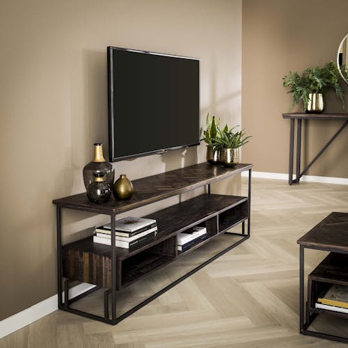 Meuble tv avec rangement en bois de teck brun motif croisé AMBON