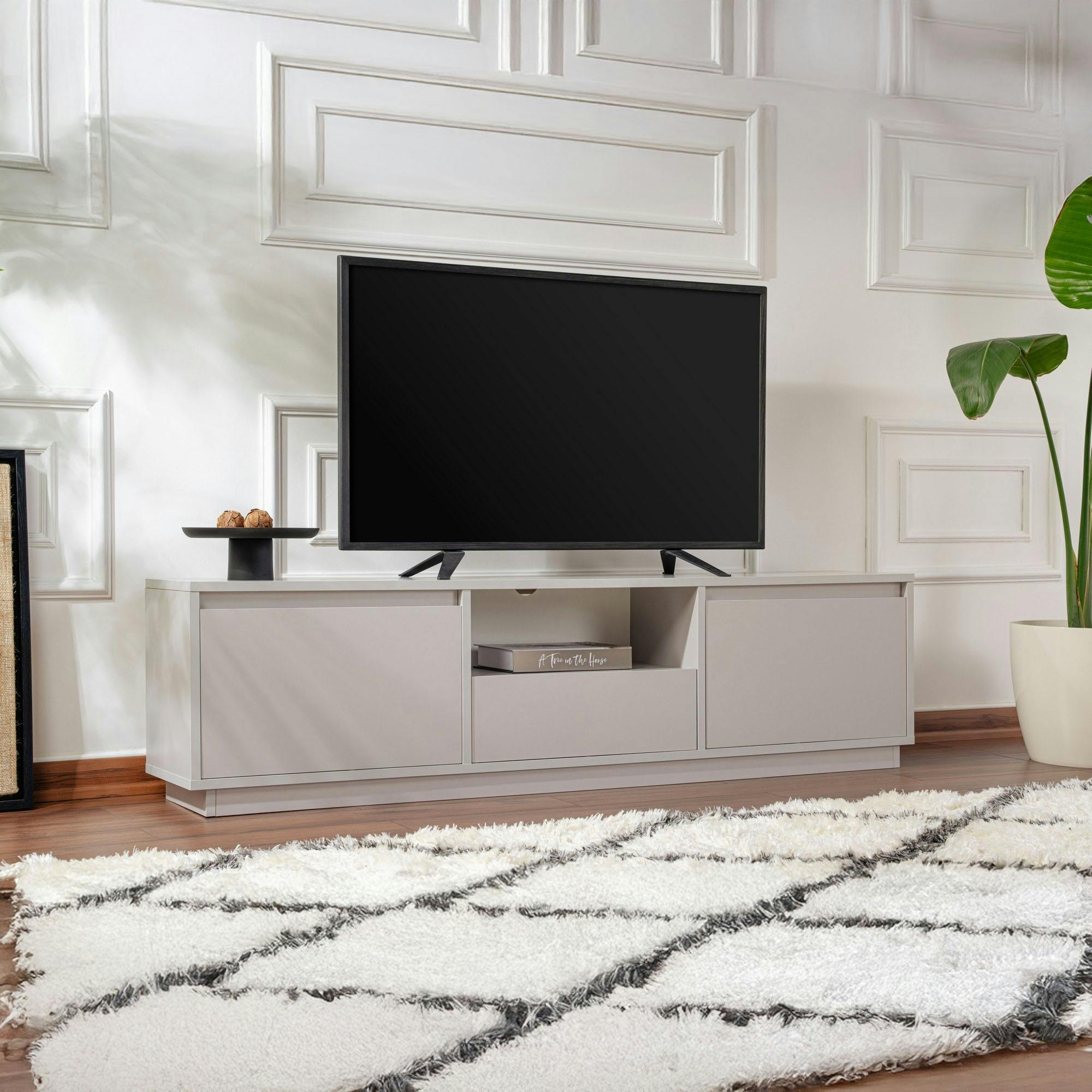 Meuble TV avec rangement - gris effet laque MARFA