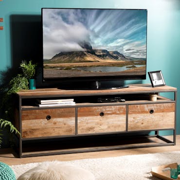  Meuble TV en bois recycle et metal trois portes de style contemporain