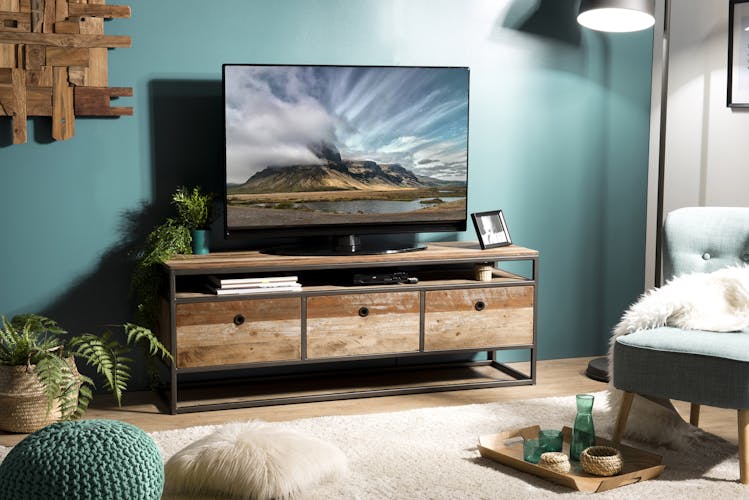 Meuble TV en bois recycle et metal trois portes de style contemporain