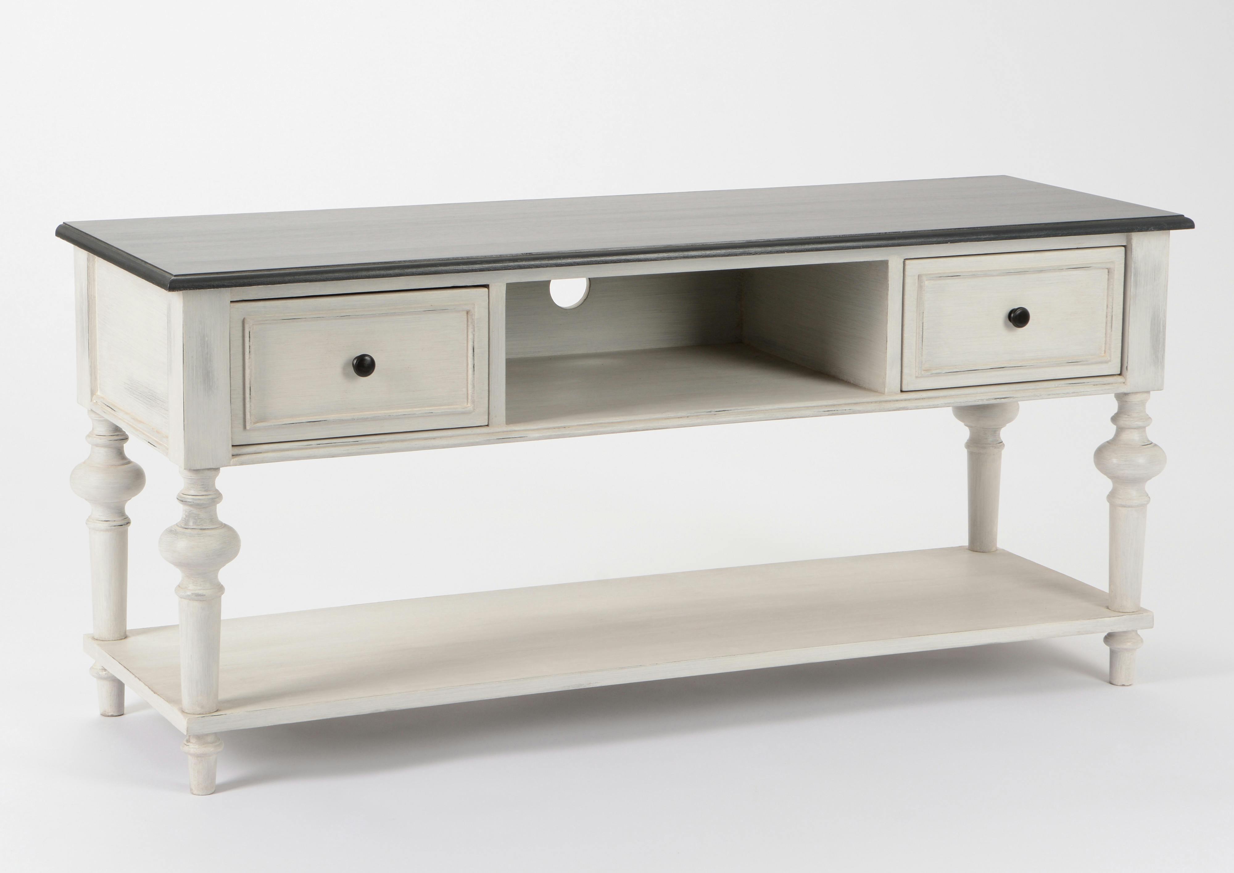 Meuble TV Baroque 2 tiroirs, 1 niche, plateau bas HERITAGE bois blanchi plateau anthracite 120x40x55cm AMADEUS