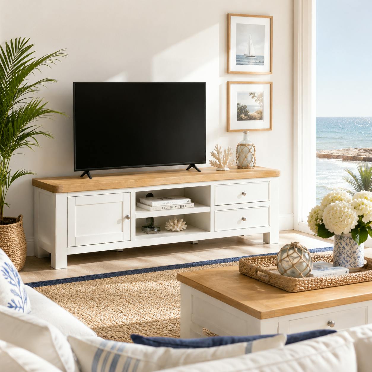 Meuble TV blanc 1 porte 2 tiroirs VELIA