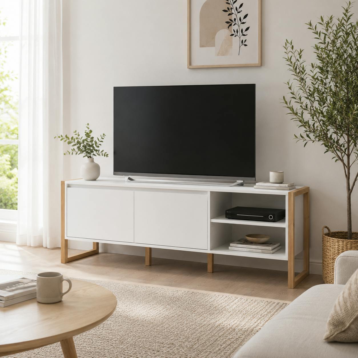 Meuble TV blanc 2 portes 2 niches ALVA