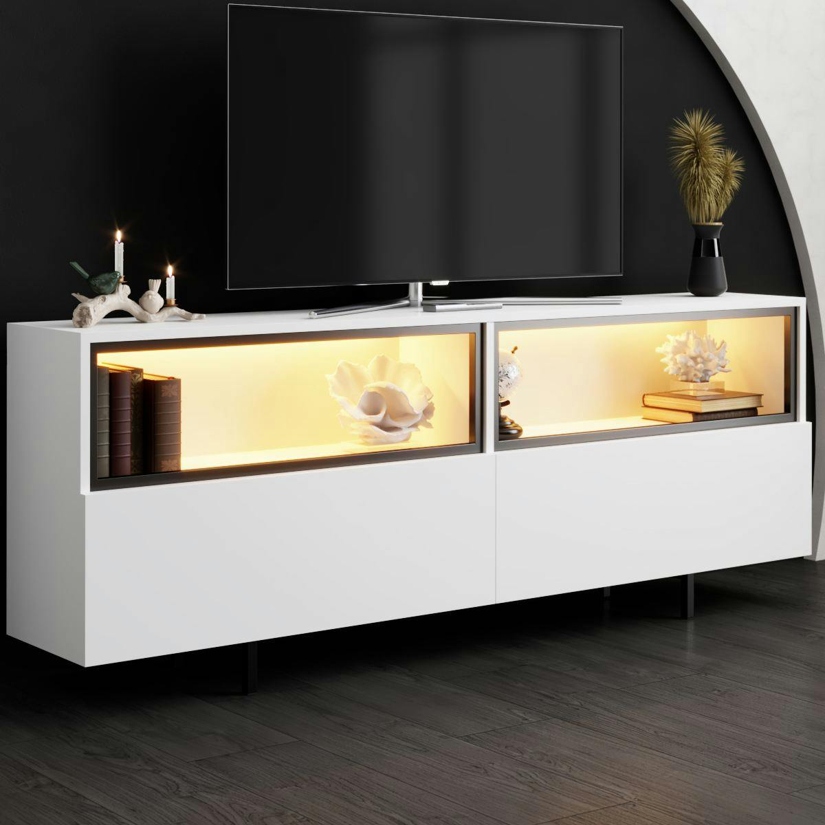 Meuble TV blanc 2 portes 2 niches hautes LED AURA