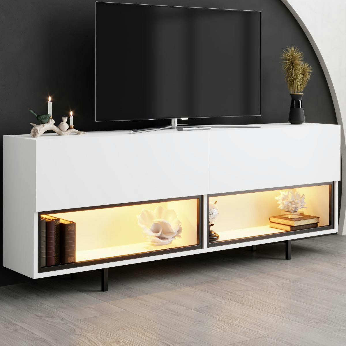 Meuble TV blanc 2 portes 2 niches LED à télécommande AURA