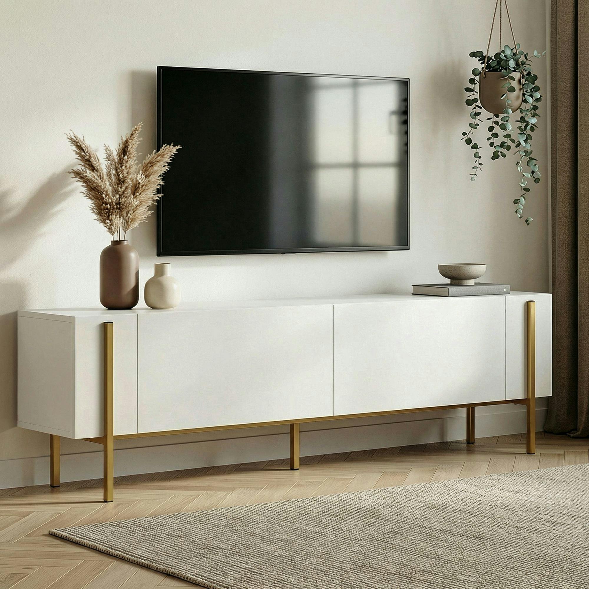 Meuble TV blanc 2 portes pieds métal doré MARFA