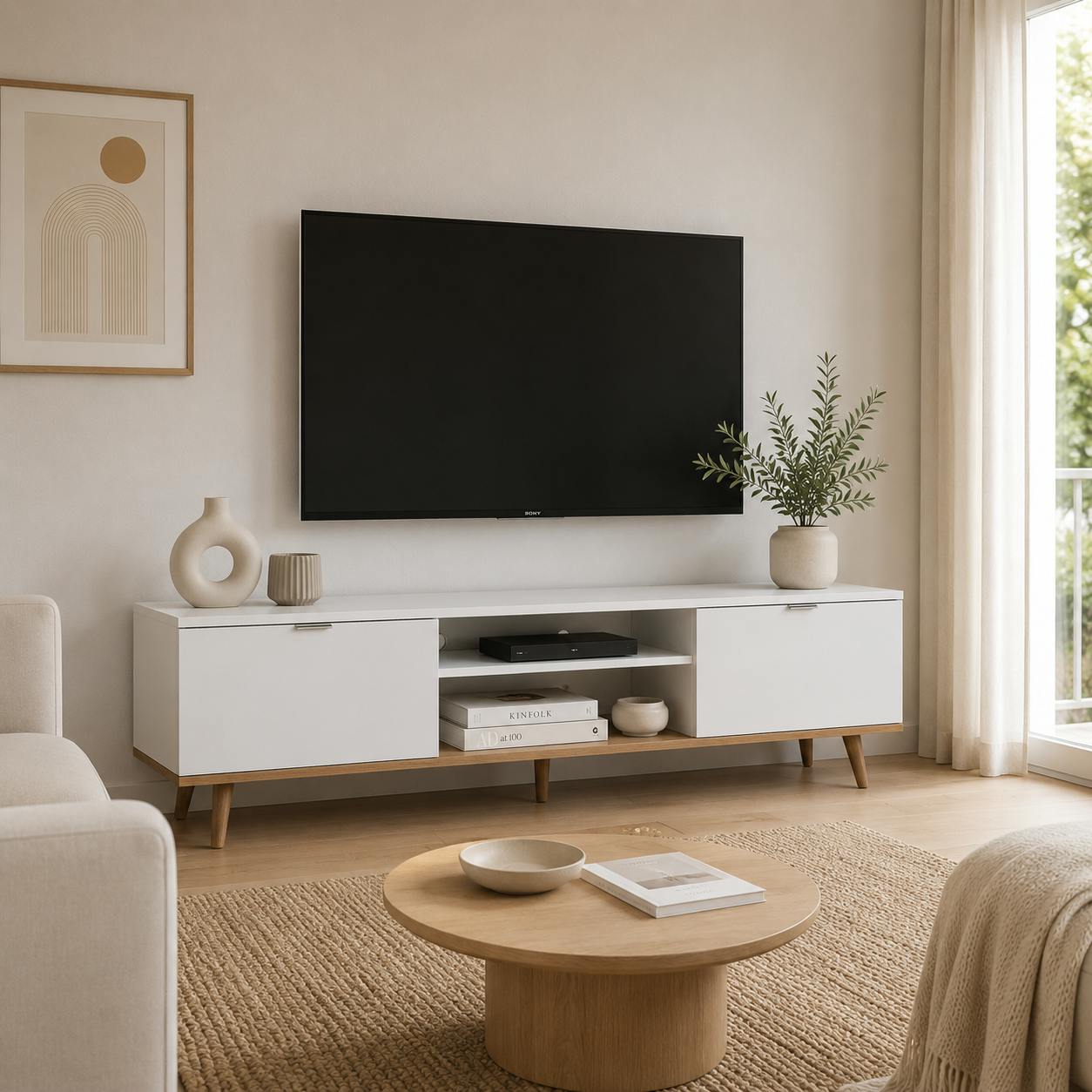 Meuble TV blanc 2 portes style scandinave ALVA