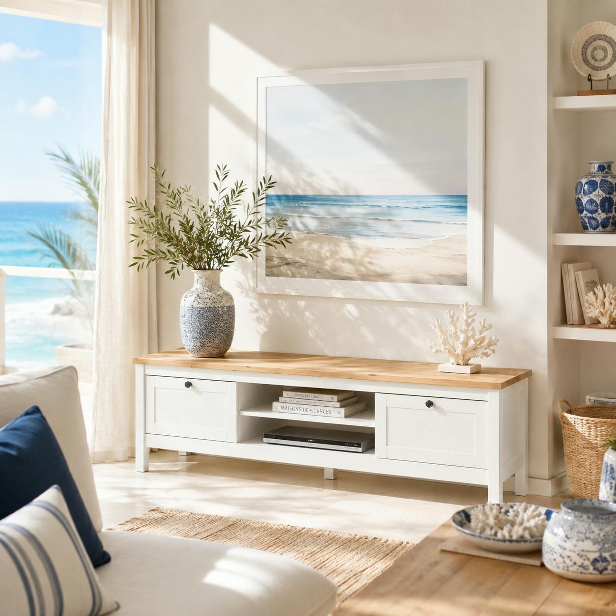 Meuble TV blanc 2 tiroirs 1 niche centrale VENZA