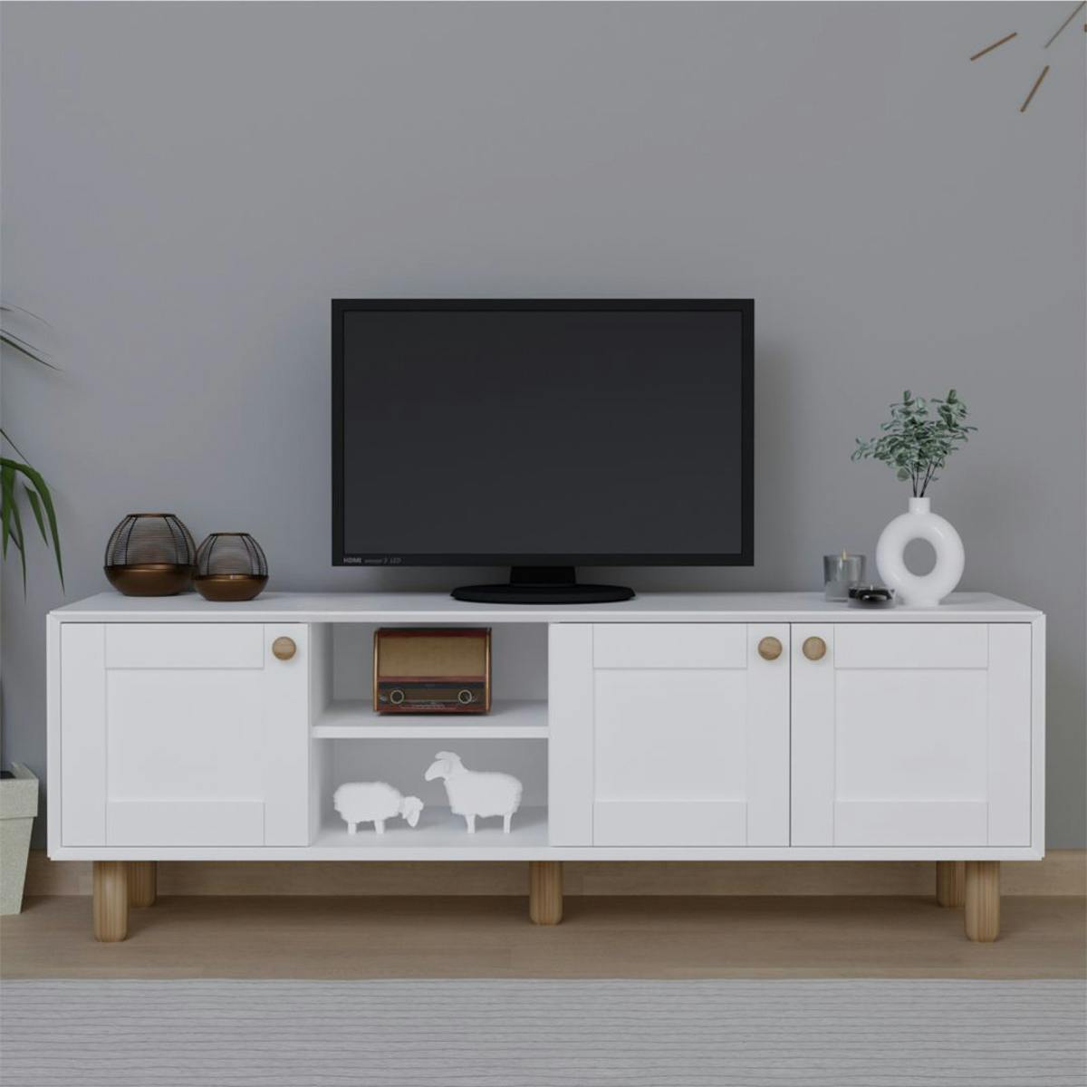 Meuble TV blanc, 3 portes à cadre et 2 niches VAREN