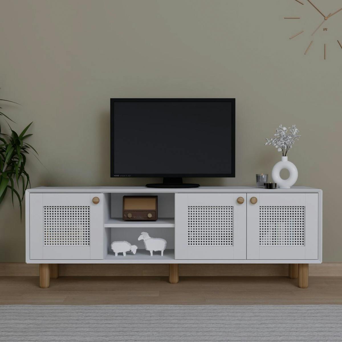 Meuble TV blanc avec cannage, 3 portes VAREN