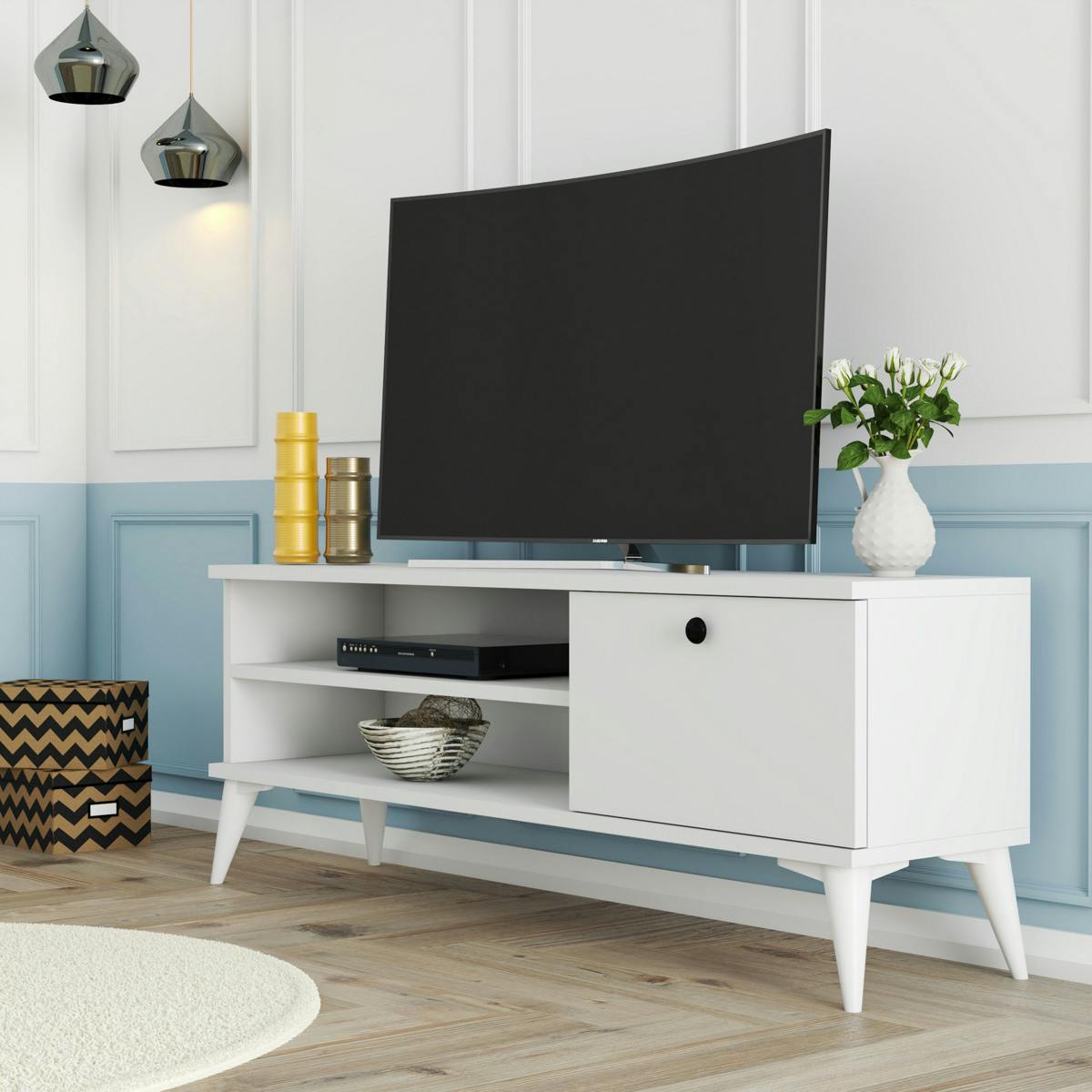 Meuble TV blanc avec rangement 1 porte 2 niches longues UMEA